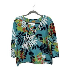 Ruby Rd Tropical 3/4 Sleeve Long Sleeve Beaded Collar Blue VNeck Size XL